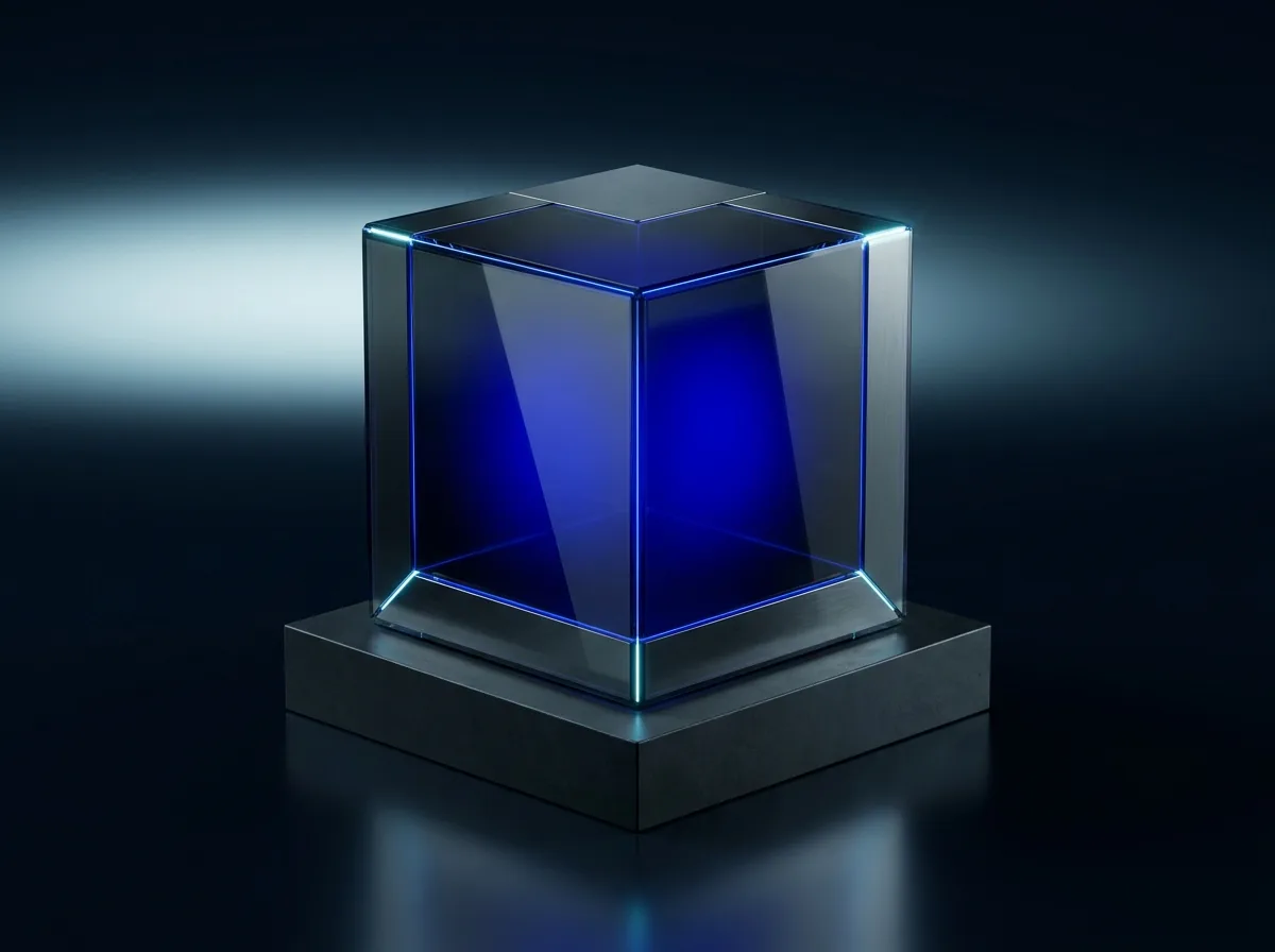 Massiver Würfel aus dunklem Glas mit blau leuchtendem Kern auf einem Sockel
